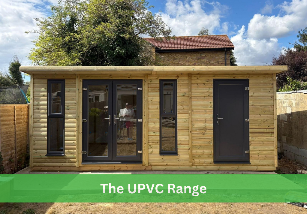 UPVC summerhouse and shed with dark double doors and solid single door
