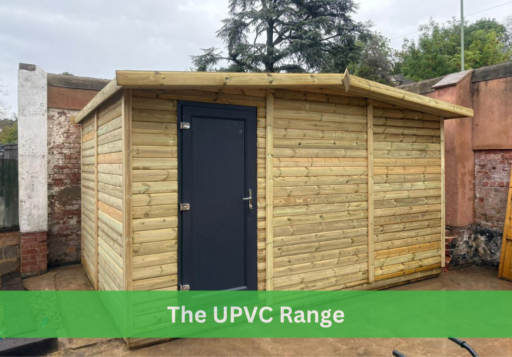Timber shed with dark solid UPVC single door