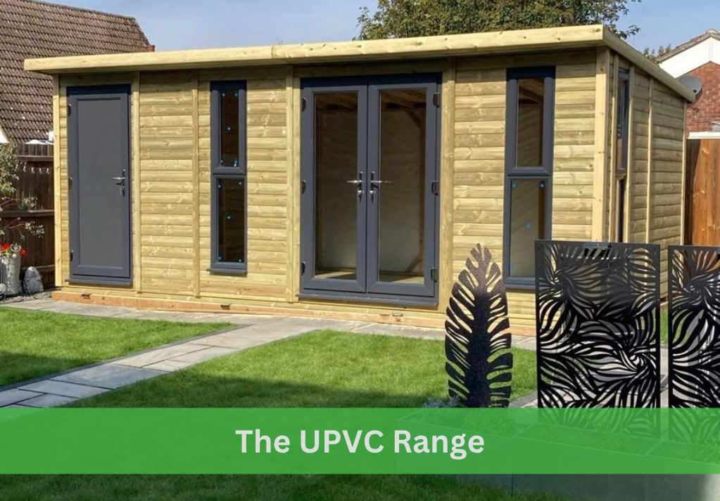 UPVC garden building with double doors, tall windows and separate shed door
